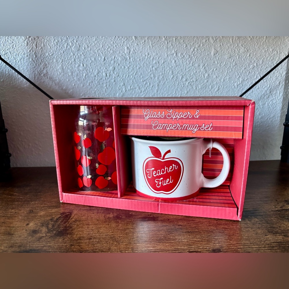 Teacher Fuel Glass Sipper and Camper Mug Set Red Gift School